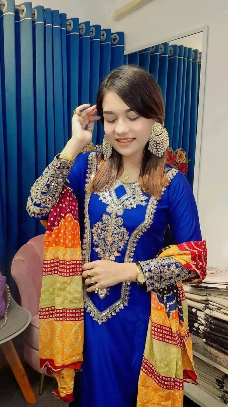 Linen Embroidery Sequin Three Piece with Butter Silk Salwar