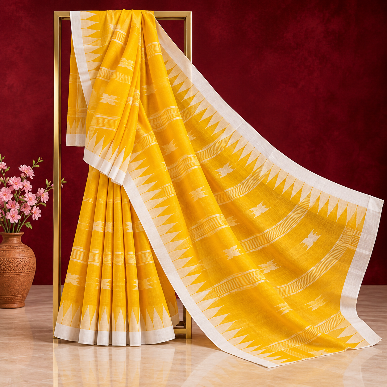 Traditional Sylheti Handloom Cotton Manipuri Saree with Shiuli Flower Motif