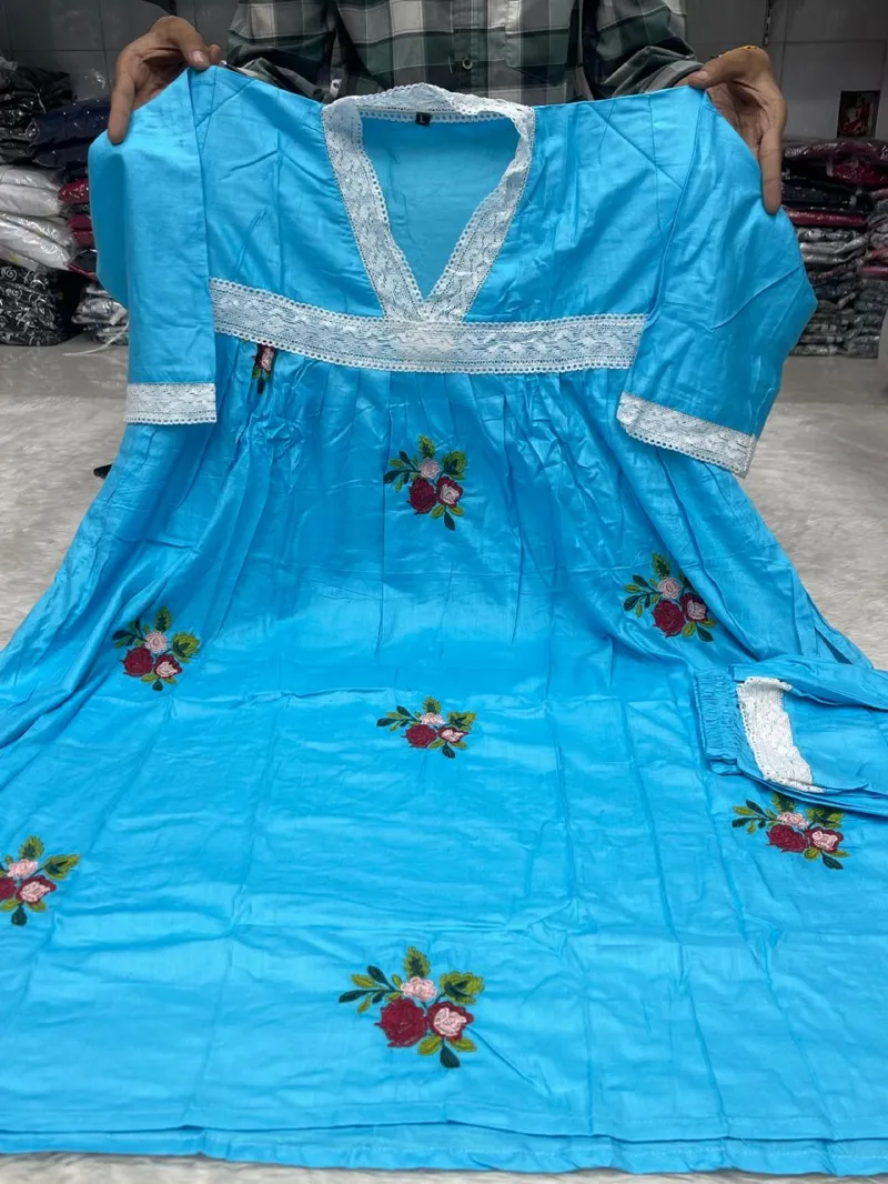 Aliya Cut Cotton Embroidery Gown 2 Piece with Butter Silk Salwar