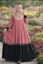 Contrast Embroidery Borka in Cherry Fabric, Hijab Not Included