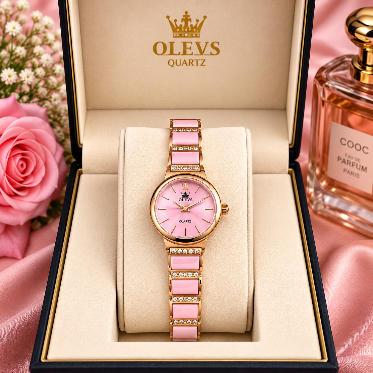 OLEVS Rose Gold & White Ceramic Diamond Luxury Women's Quartz Watch