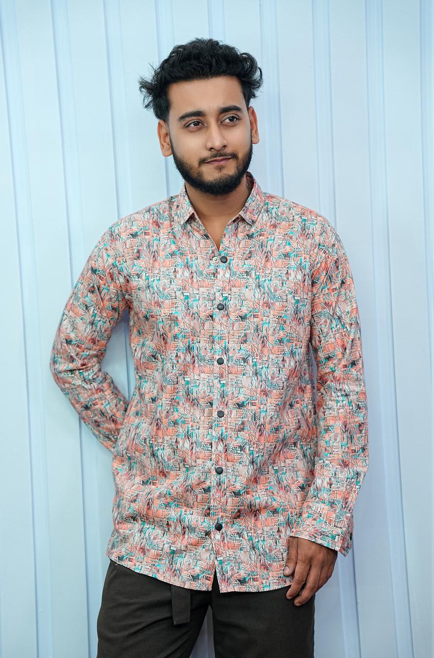 Men's Digital Print Pure Cotton Shirt with Snap Buttons