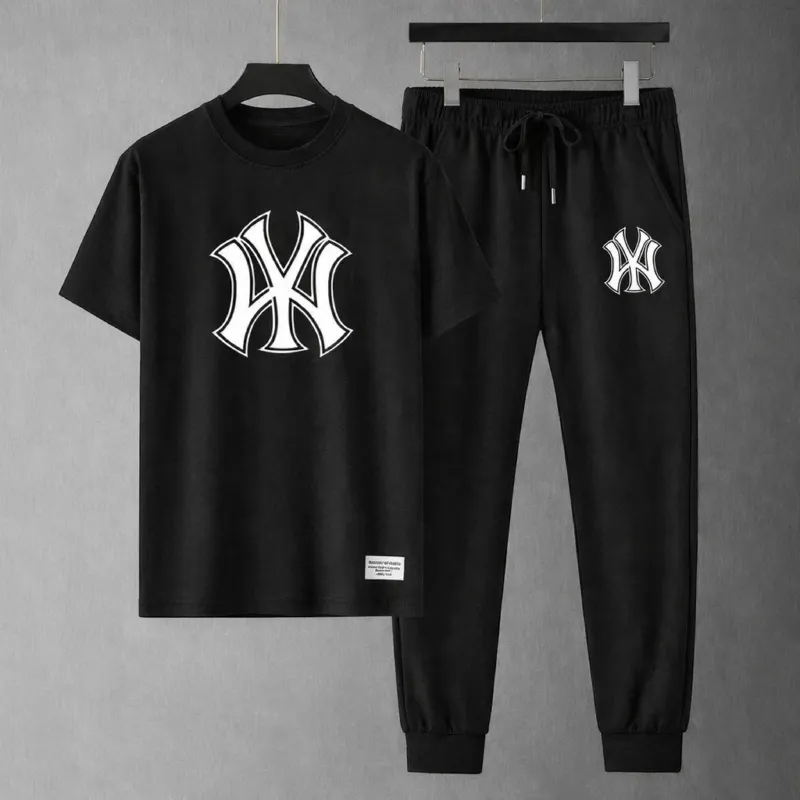 Men's Matching Tee and Trouser Set, Mesh Jersey with Screen Print