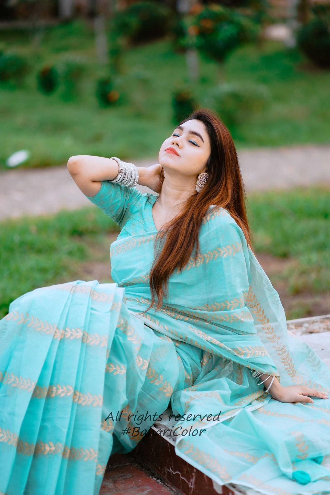 Block Print Semi Muslin Saree with Tassel Anchal, 14 Haath