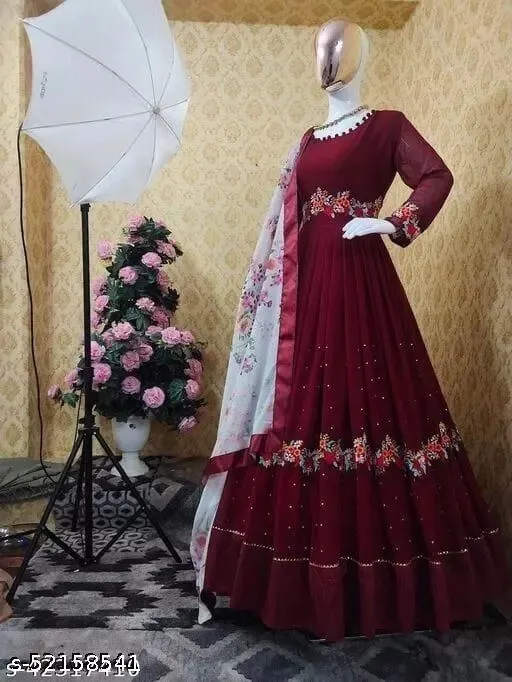 জর্জেট এমব্রয়ডারি পার্টি গাউন, বাটারফ্লাই সালোয়ারসহ, 52 ইঞ্চি