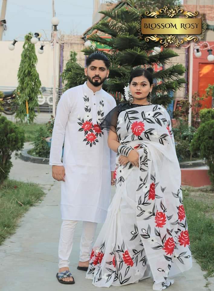 Hand Print Saree and Panjabi Couple Dress, 4 Colour Choices
