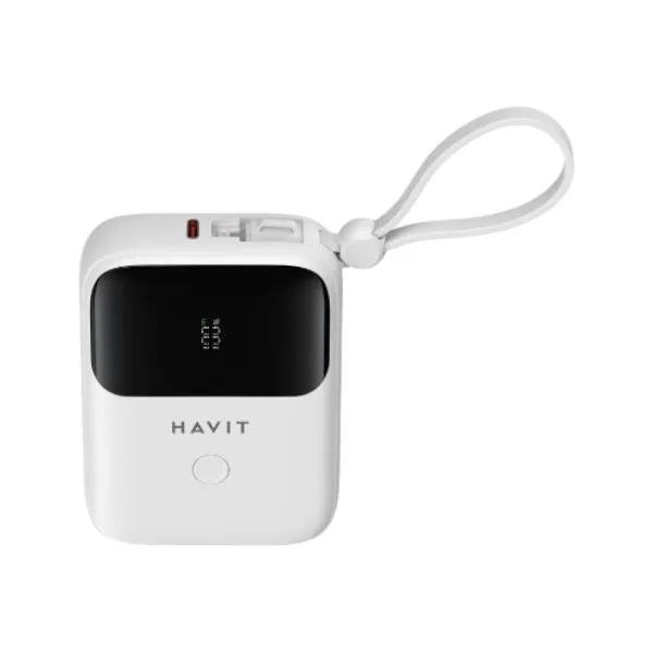 HAVIT PB5215 10000mAh ডিসপ্লে পাওয়ার ব্যাংক, USB-C ও Lightning কেবলসহ – সাদা