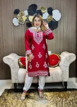 চিকনকারি নেকলেস এমব্রয়ডারি কটন থ্রি পিস, রেয়ন সিল্ক ওড়না