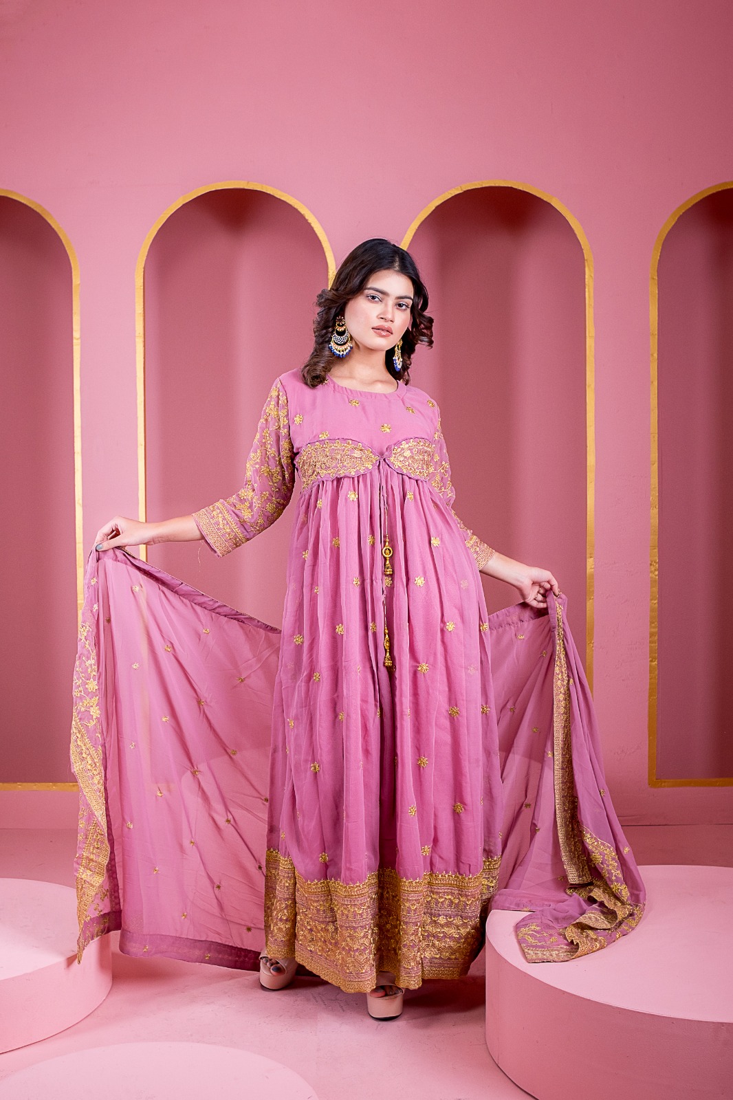 Women's Floor-Touch Embroidered Anarkali Party Dress, 4 Colours