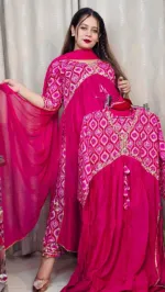 কারচুপির কাজ করা আলিয়া কাট লিনেন থ্রি পিস, 5 রং